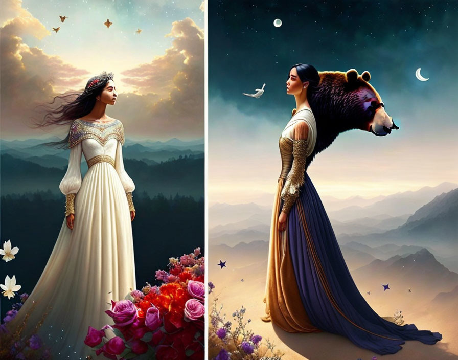 Artistic images of women with animal companions in twilight mountain landscapes