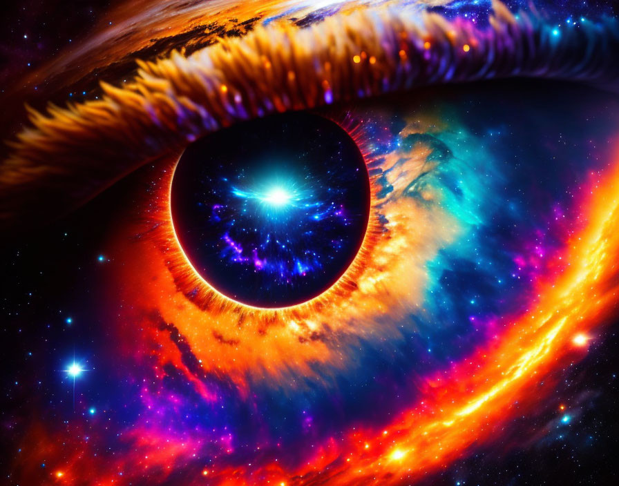 Vividly colored eye with cosmic galaxy reflection in fiery space backdrop