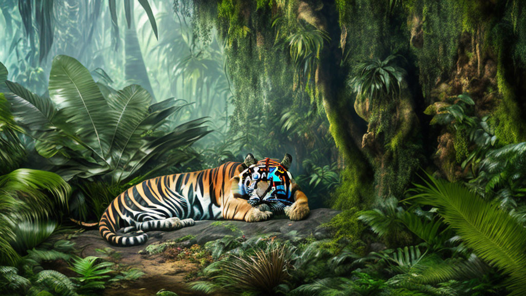 Colorful Painted Tiger Resting in Lush Green Jungle