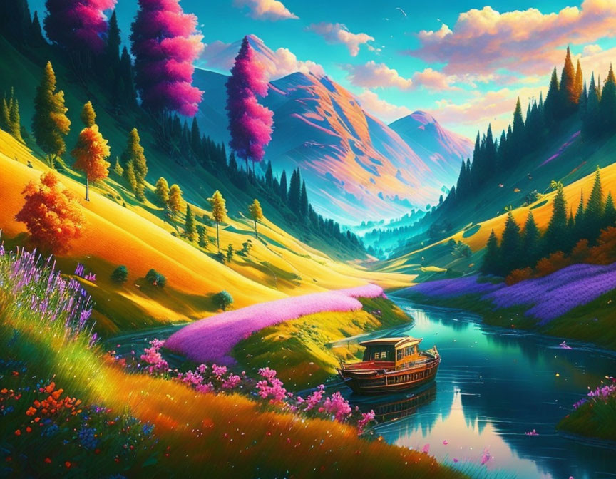 Colorful Landscape with River, Purple Trees, and Boat in Bright Sky
