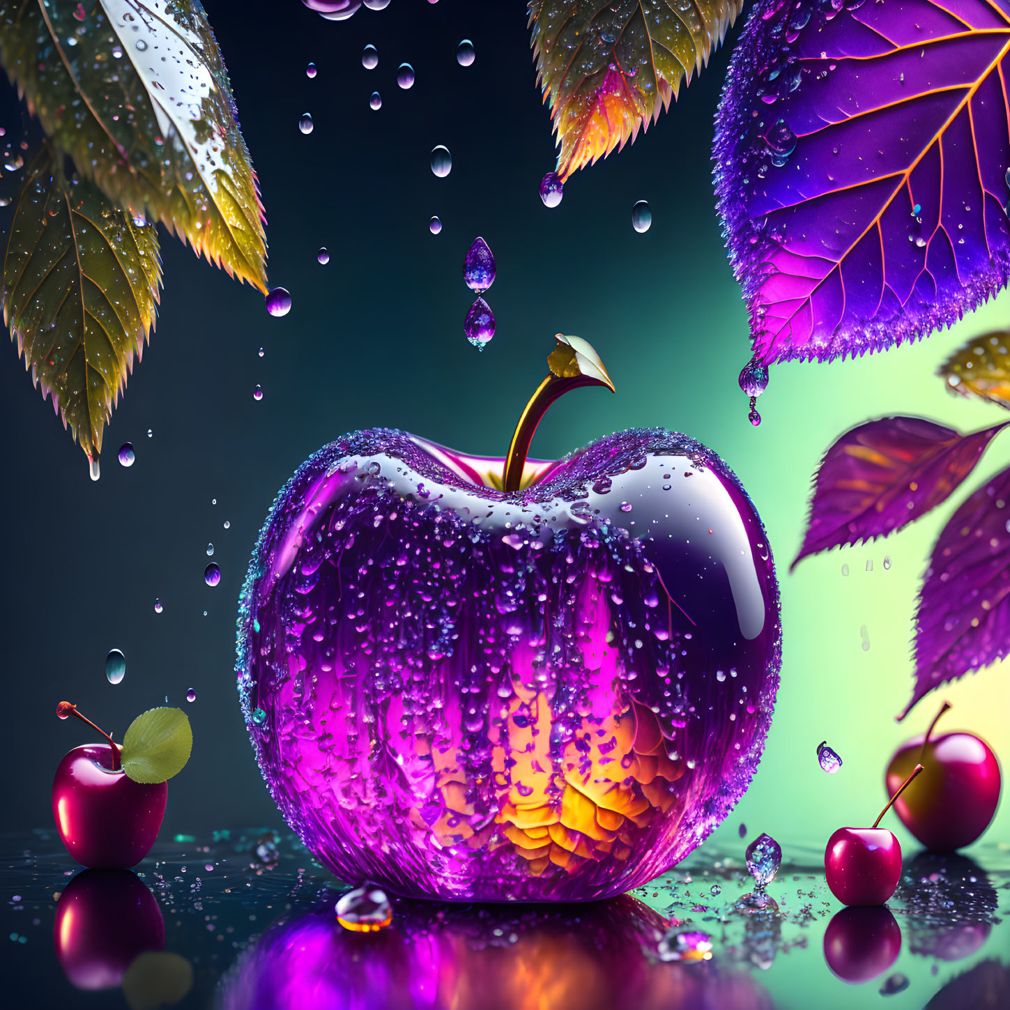 Vibrant purple apple with water droplets, surrounded by smaller apples and colorful leaves on teal background