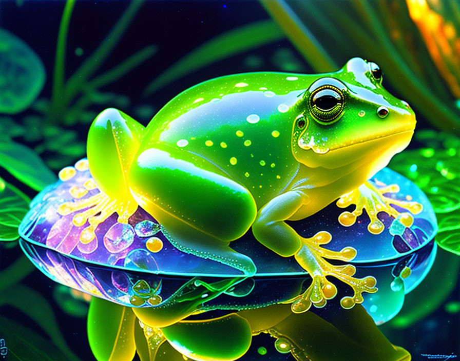 Colorful digital artwork featuring a luminescent frog on a leaf