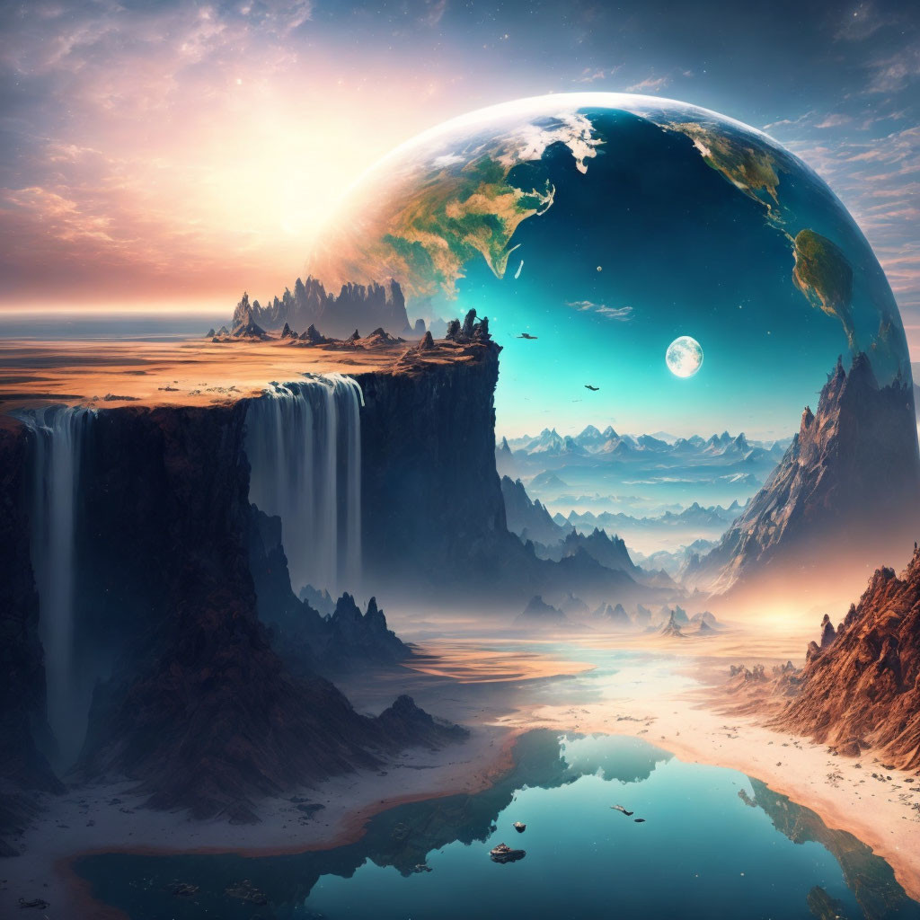 Surreal landscape with waterfalls, mountains, and large planet in sunset sky