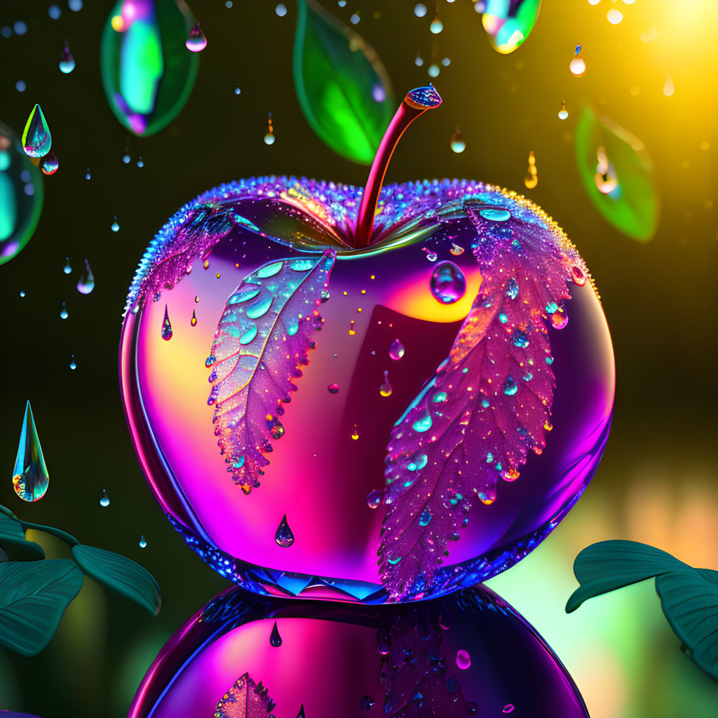 Colorful digital artwork: Glossy purple apple with water droplets and leaves in surreal setting