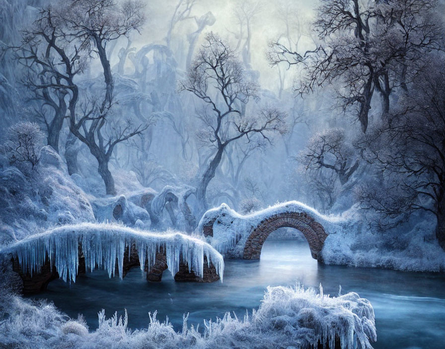 Winter landscape with stone bridge over frozen river and snow-covered trees