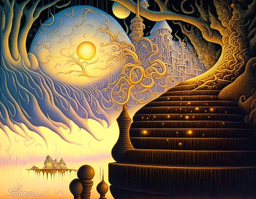 Swirling tree-like structure in fantasy landscape with celestial city stairway, floating orb, distant house on