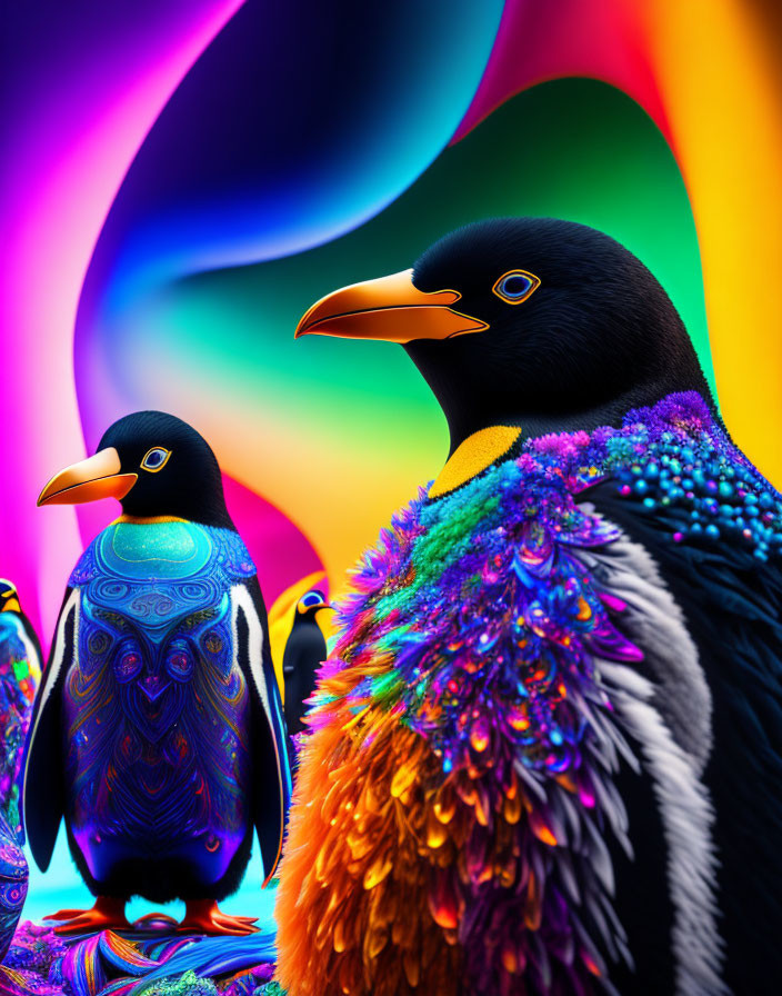 Colorful Surreal Penguins with Iridescent Feathers on Neon Background