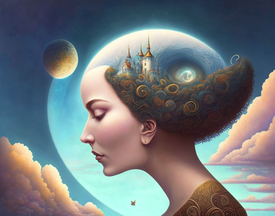 Surreal illustration of woman with landscape in hair: castle, clouds, moon in twilight sky
