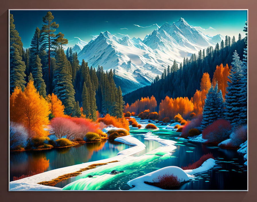Scenic landscape: river, waterfalls, autumn foliage, snow-capped mountains