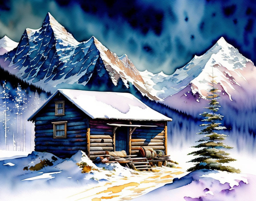 Snow-covered wooden cabin painting in watercolor: mountains, blue sky, chimney smoke