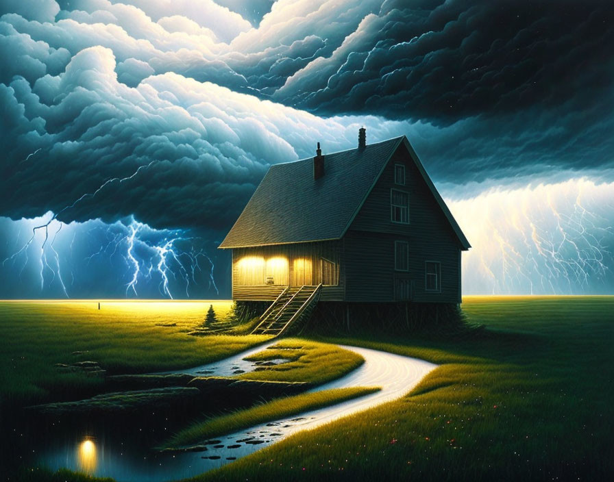 Solitary house under stormy sky with lightning and lit porch.
