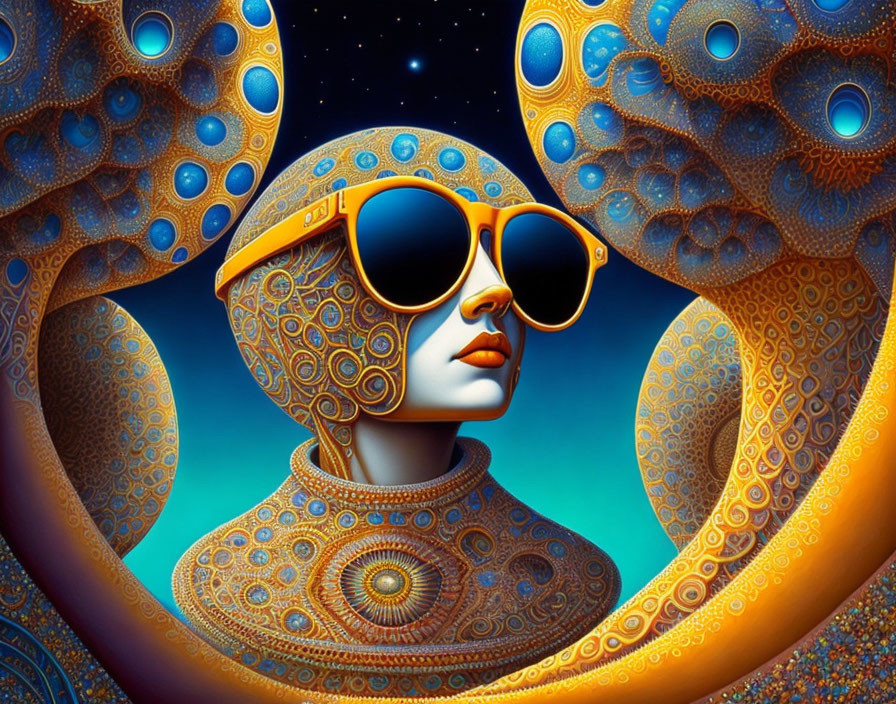 Surreal figure with oversized sunglasses in intricate mandala-like patterns