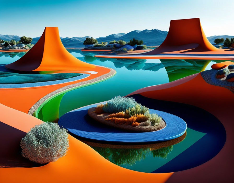 Colorful digital landscape with flowing shapes, rivers, islands, and mountains