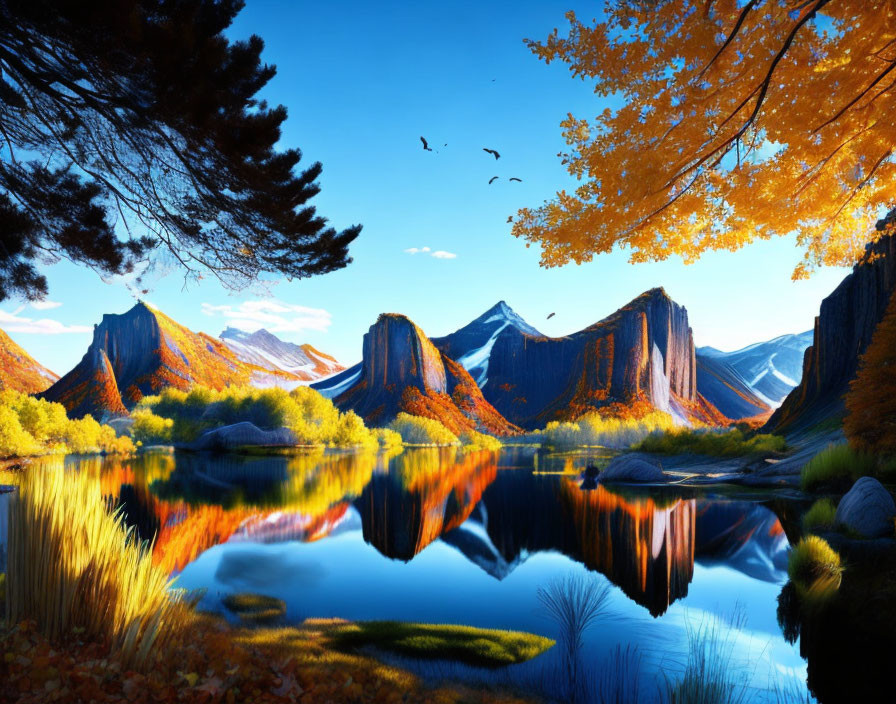 Tranquil autumn landscape with colorful trees, lake, mountains, and birds