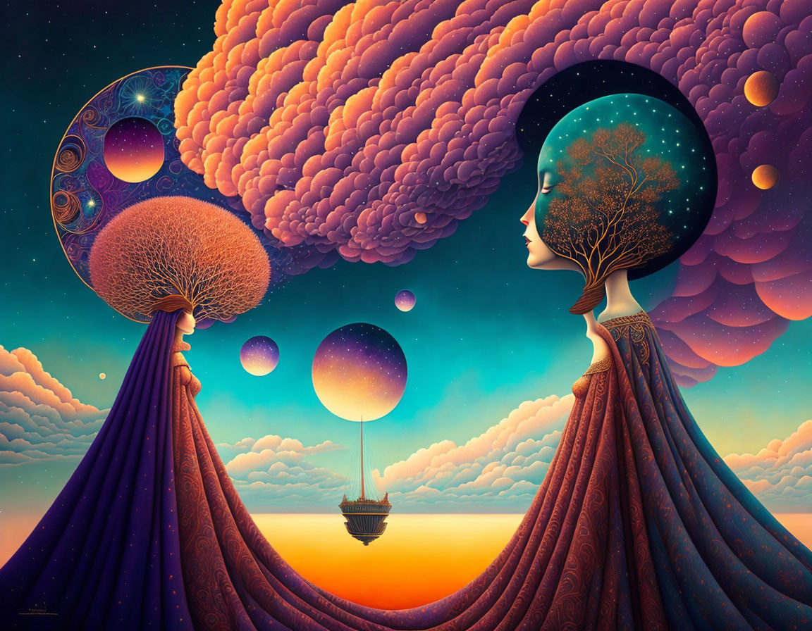 Surreal digital artwork with tree-headed figures and hot air balloon