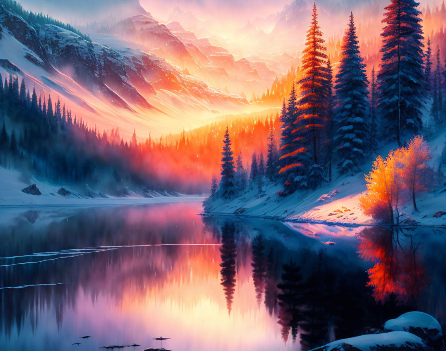 Scenic Mountain Lake Sunrise with Pine Trees and Snow-Capped Peaks