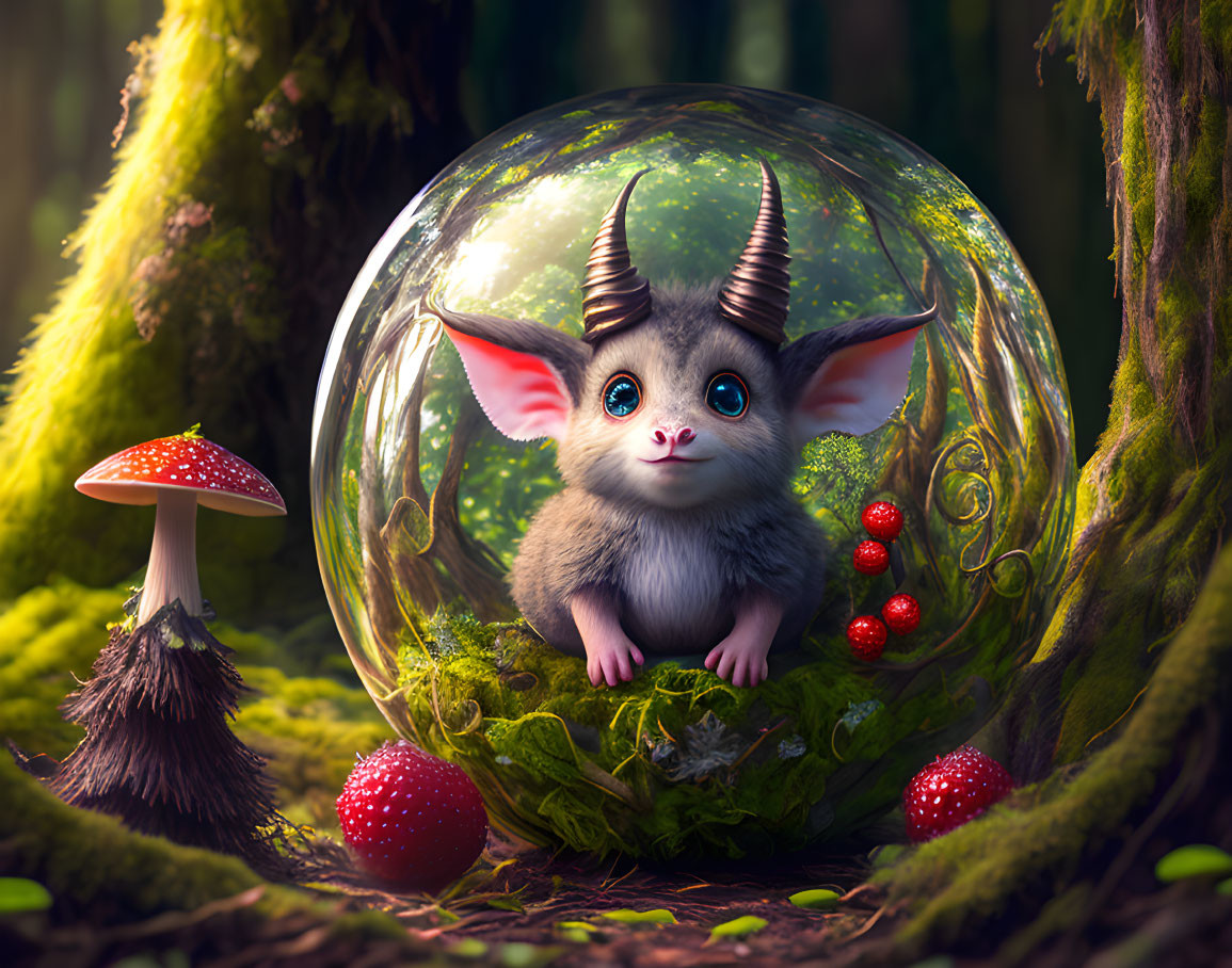 Fantastical creature in bubble surrounded by vibrant forest, mushrooms, and berries