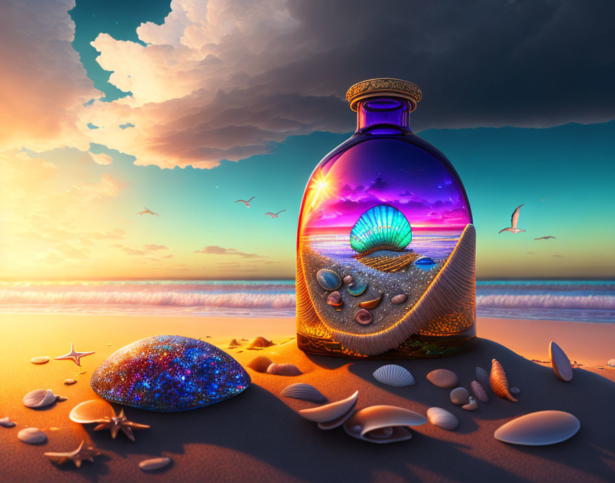 Surreal sunset seascape with cosmic bottle, shells, and stone