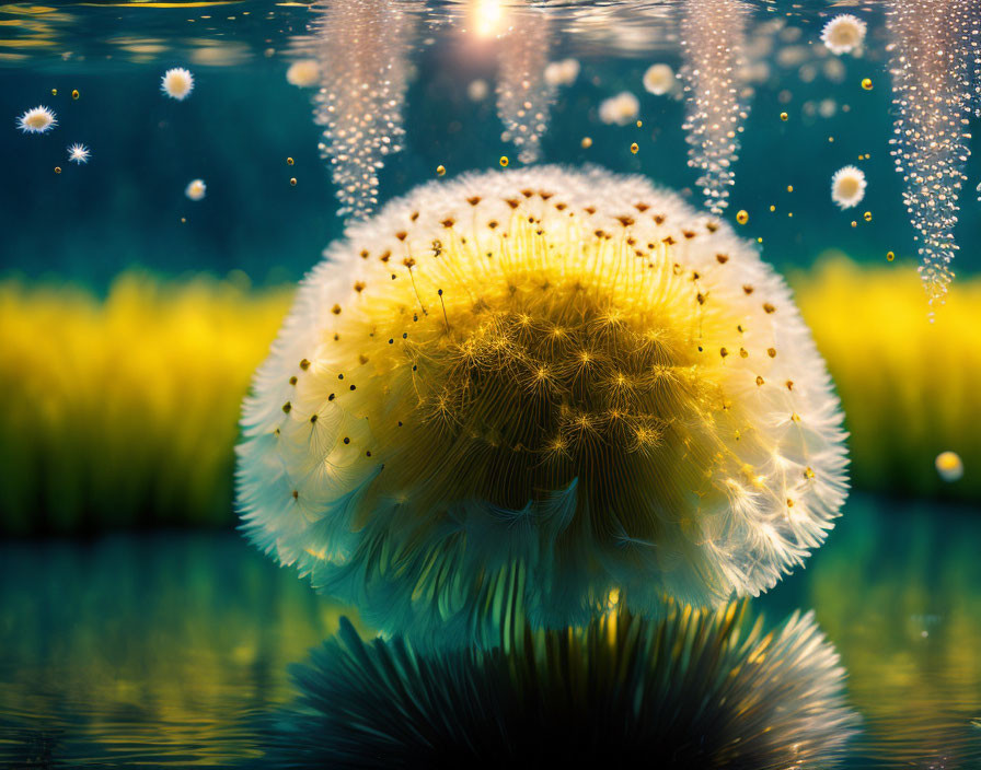 Dandelion seed head underwater with bubbles on golden bokeh.