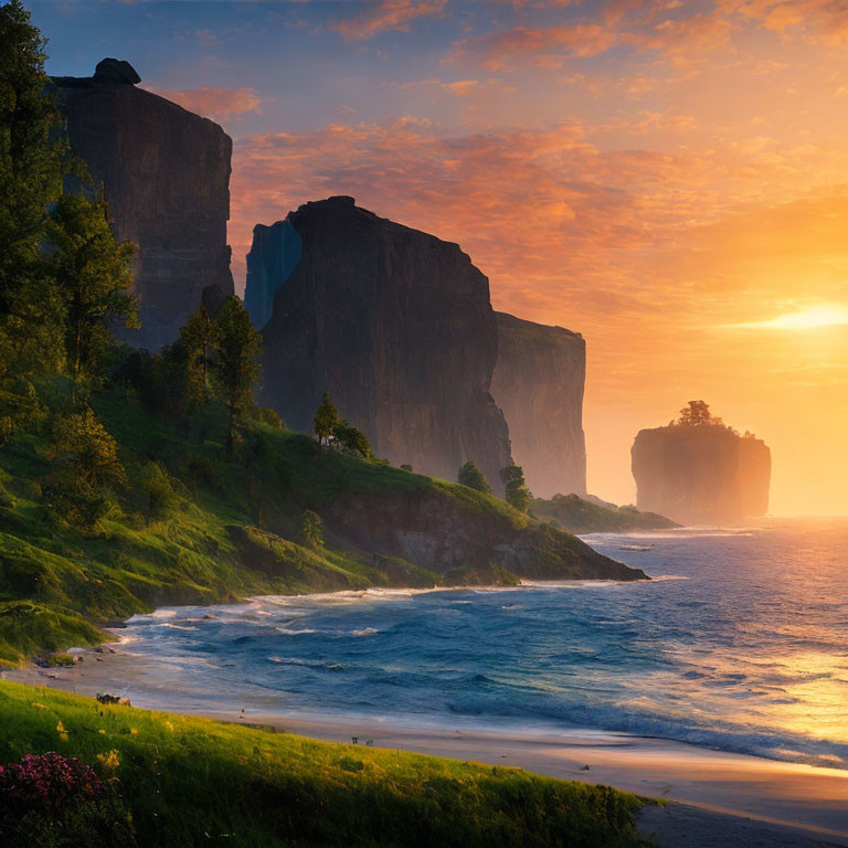 Scenic sunrise over sea with towering cliffs and lush green coastline