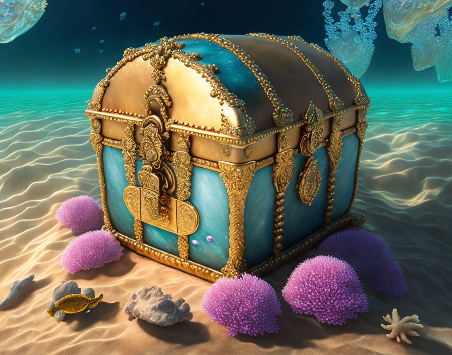 Decorated treasure chest on sandy seabed with coral and jellyfish