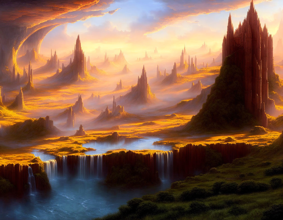 Fantastical landscape with spires, waterfall, golden light, and planets at twilight