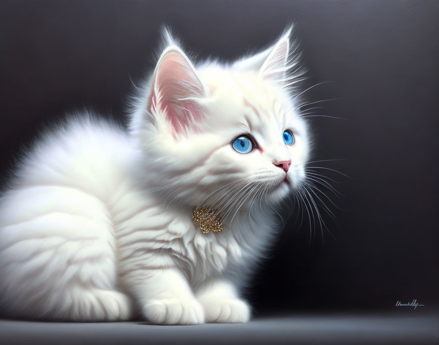 Fluffy White Kitten with Blue Eyes and Golden Collar on Dark Background