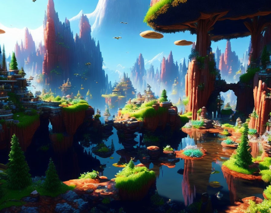 Fantasy landscape with floating islands and giant mushrooms
