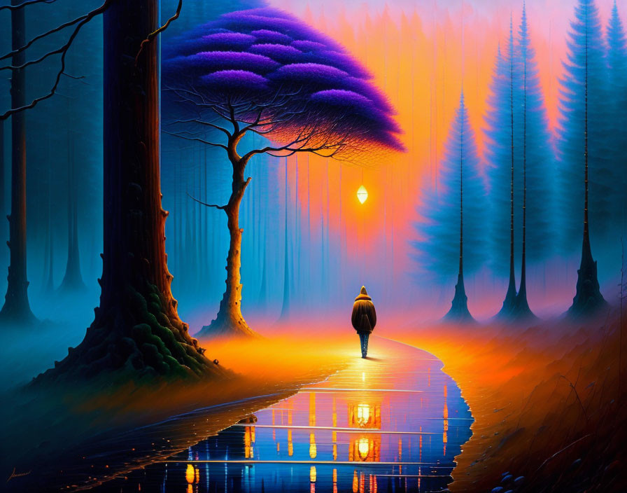 Person walking on reflective path in surreal, vibrant forest with blue and purple hues and warm glowing orb