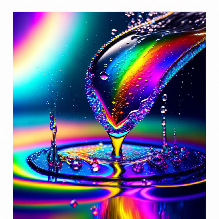 Colorful Splash with Suspended Water Droplets and Rainbow Reflections