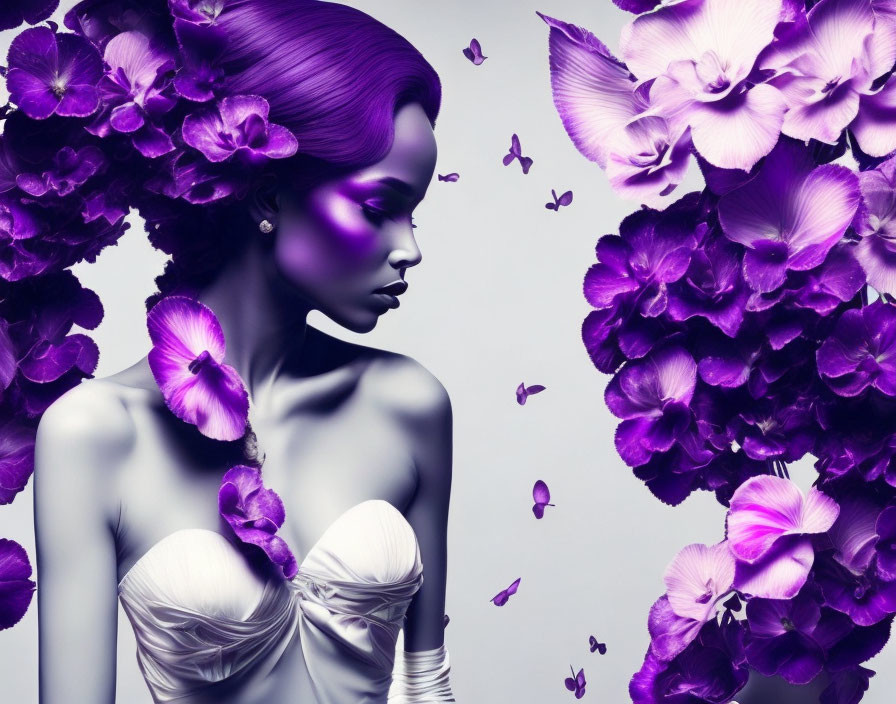 Stylized image of woman with purple skin and hair, surrounded by flowers and butterflies
