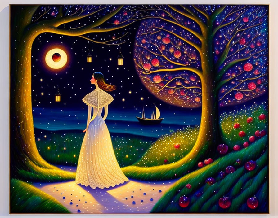 Stylized painting of woman in flowing dress in magical night landscape