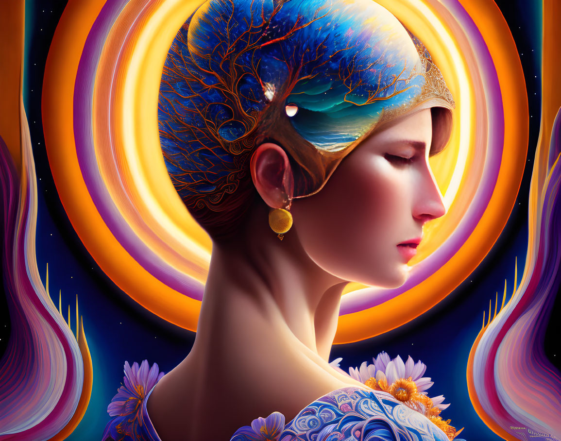 Digital art: Woman with tree and cosmos headpiece on galactic backdrop