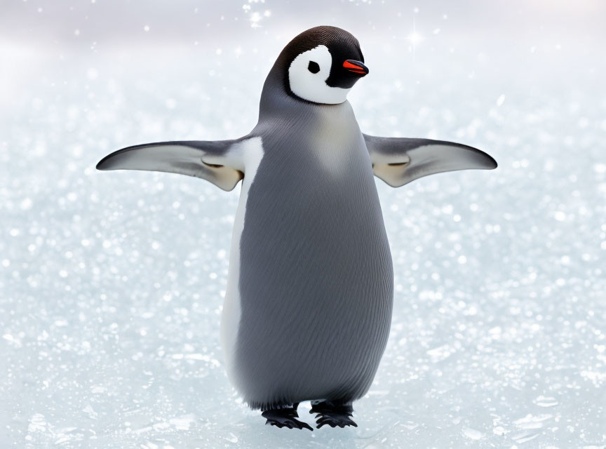 Cartoon penguin on icy surface with outstretched wings
