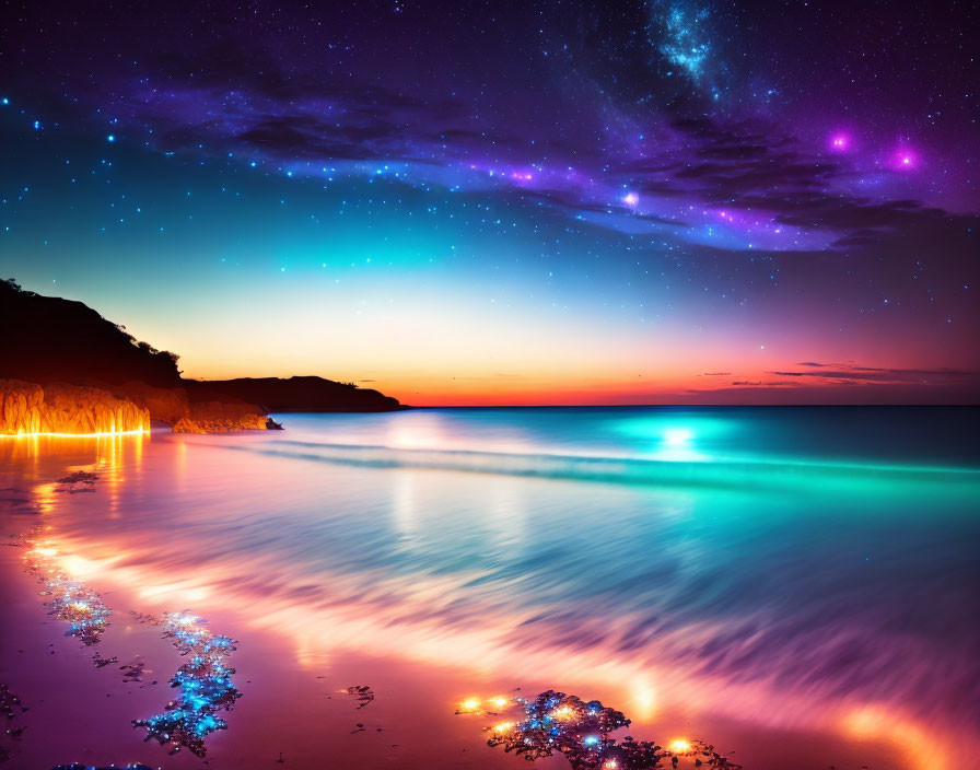 Twilight beachscape with vibrant starry sky and calm waters