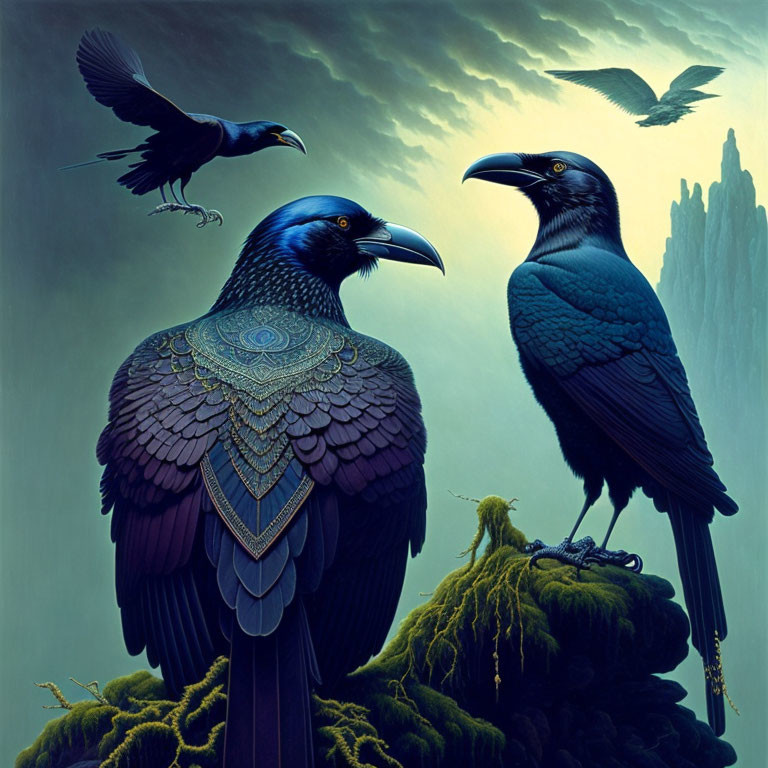 Detailed Trio of Ravens in Twilight Sky