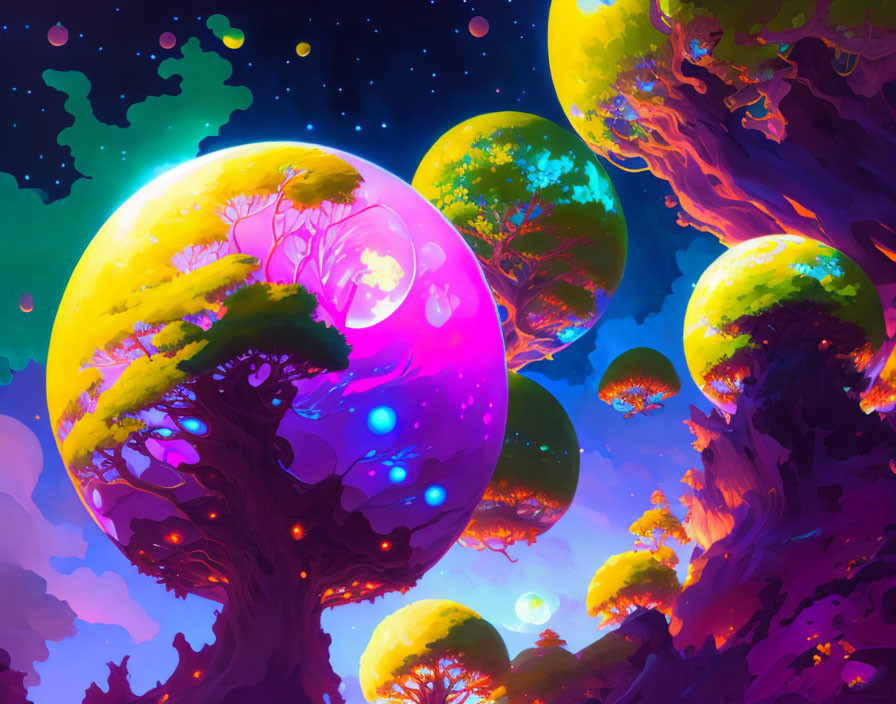Surreal digital artwork of glowing orb-shaped trees under starry sky
