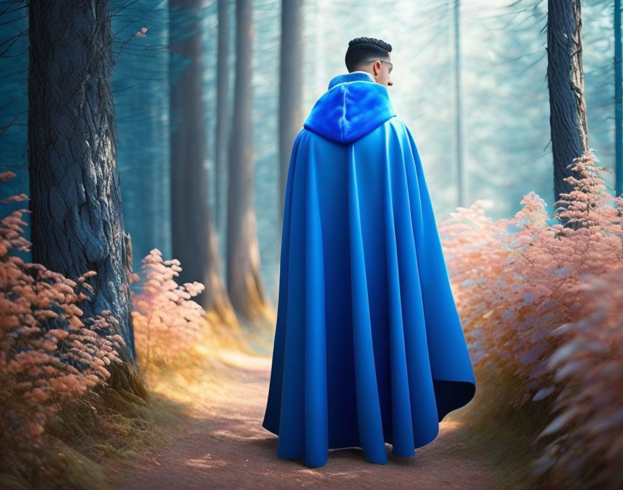 Person in Vibrant Blue Cloak on Forest Path Surrounded by Tall Trees and Pink Foliage