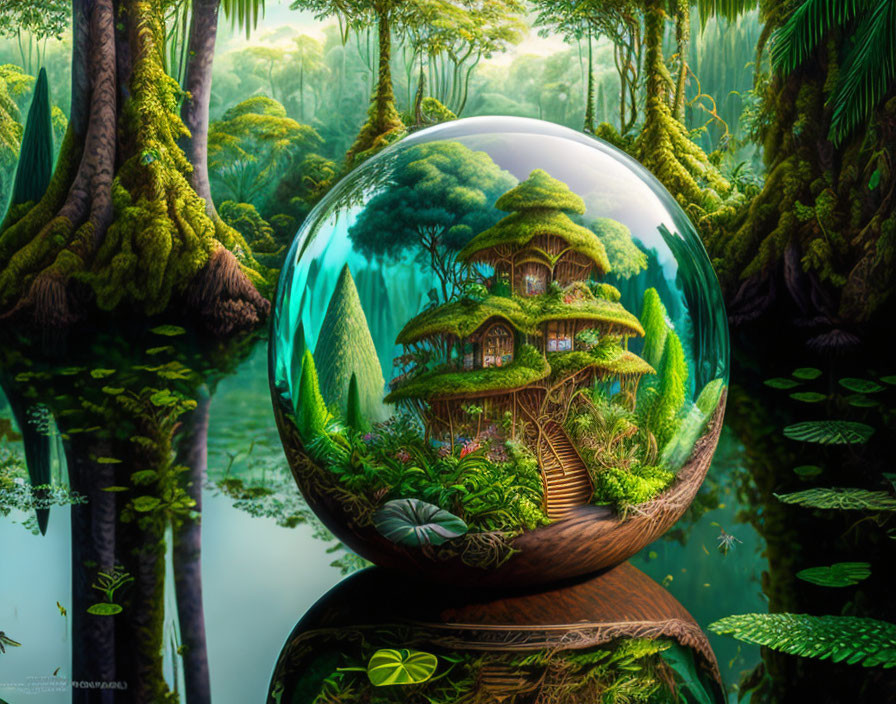 Fantasy crystal ball reveals lush treehouse in enchanted forest