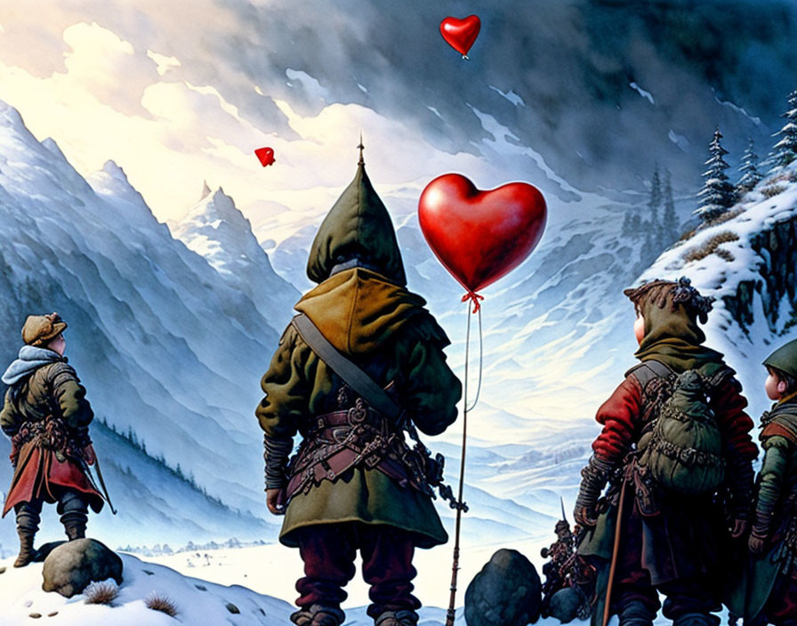 Medieval-themed individuals observe heart-shaped balloon in snowy mountain scene