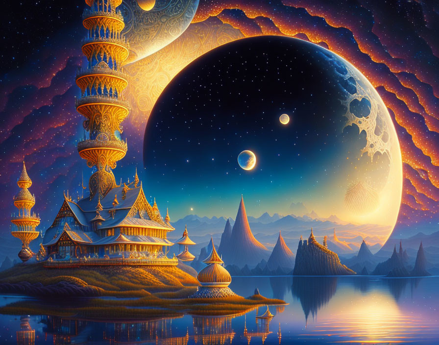Fantastical landscape with ornate towers, moon, celestial bodies, and starry sky.