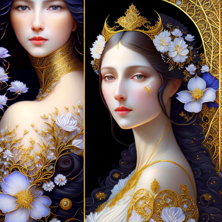 Stylized portraits of women with ornate gold and floral details on dark background
