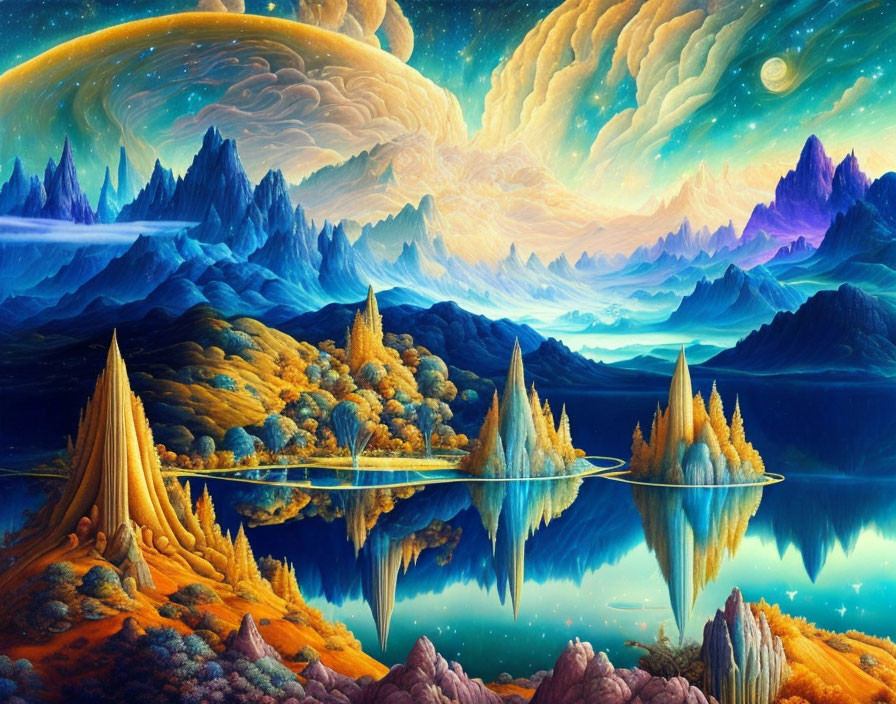 Colorful Fantasy Landscape with Mirror-Like Lakes & Whimsical Sky