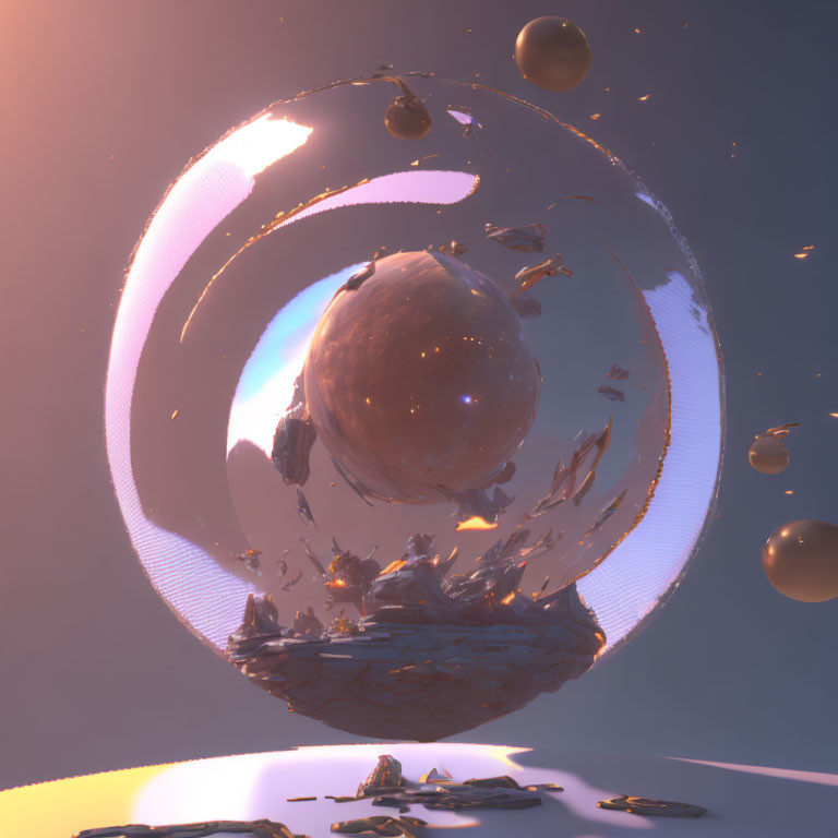 Fragmented sphere surrounded by floating pieces against twilight sky