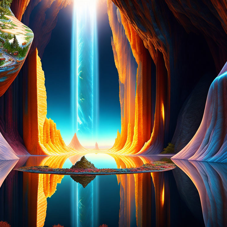 Surreal landscape with glowing crevice, towering rock walls, reflective water, and solitary figure.