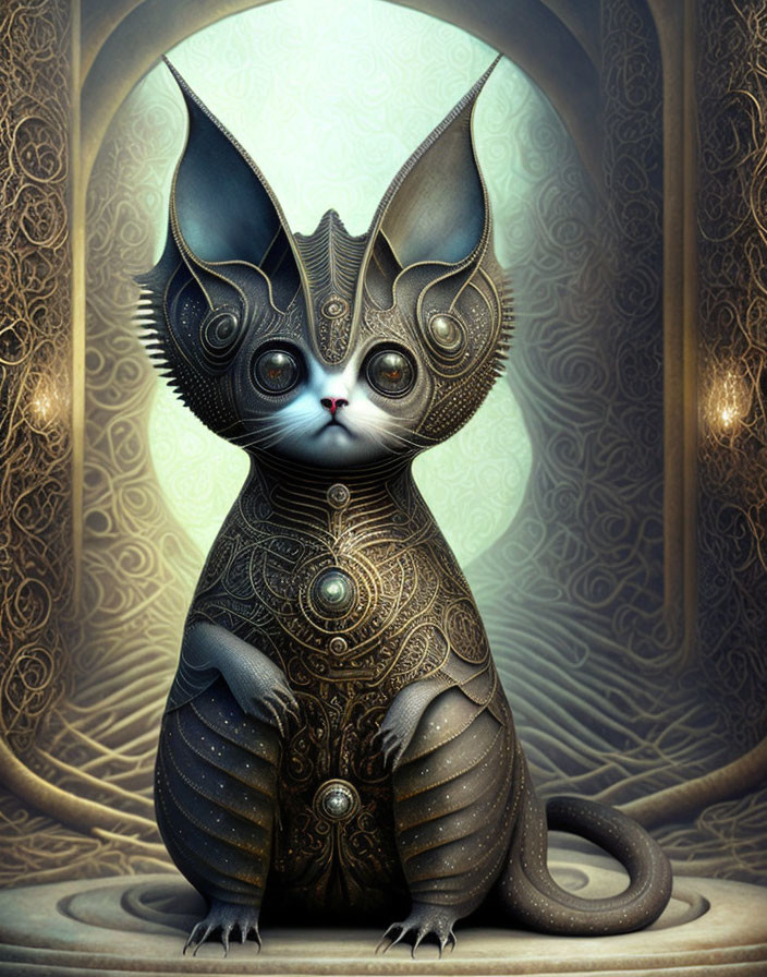 Stylized cat digital artwork with ornate metal patterns