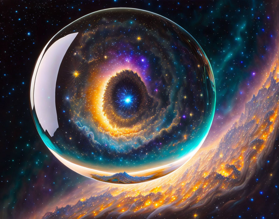Surreal cosmic landscape with giant reflective sphere and galaxy in vibrant starry space
