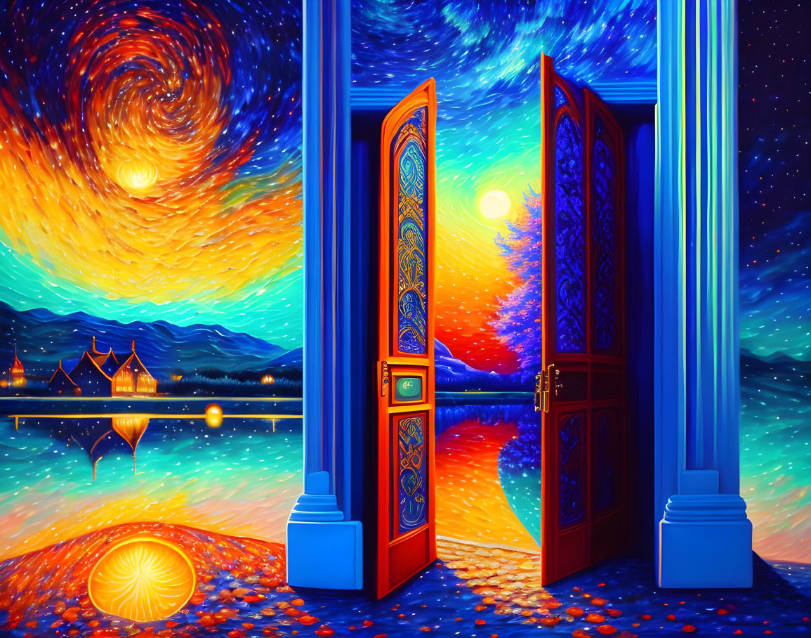Surreal artwork: Starry Night meets ornate door, sunset lake & mountains