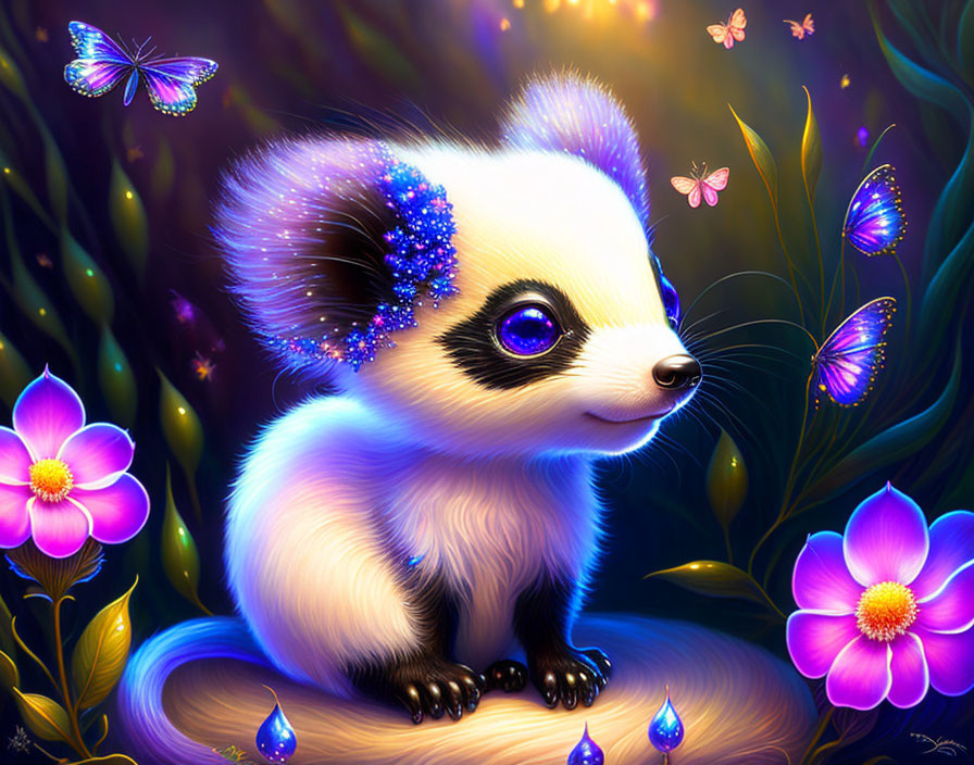 Whimsical skunk-like creature with glowing eyes in magical forest