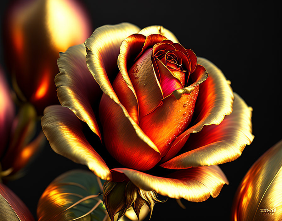 Colorful Digital Artwork: Red and Gold Rose with Water Droplets